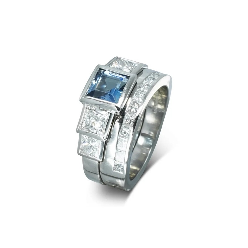 Art Deco Princess Cut Aquamarine Engagement and Wedding Ring