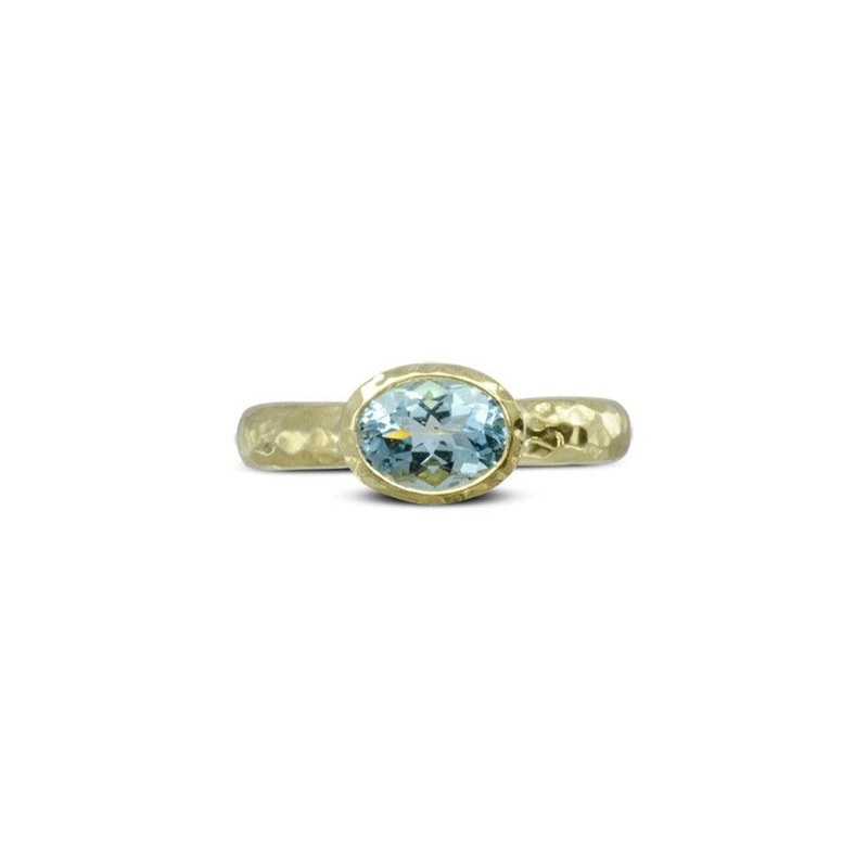 Hammered Yellow Gold Oval Aquamarine Ring