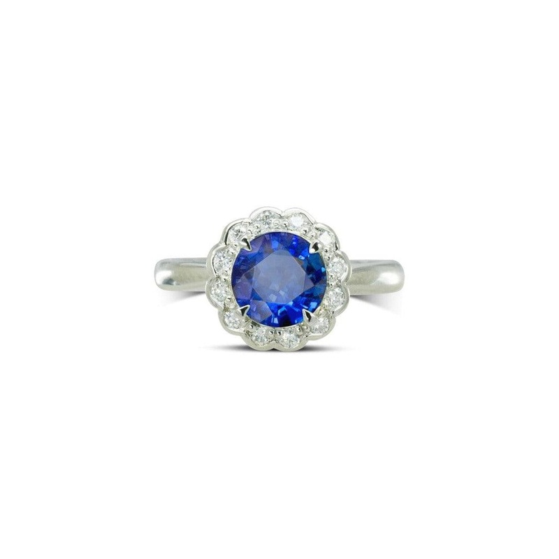 Sapphire and Diamond Scalloped Edge Cluster Ring
