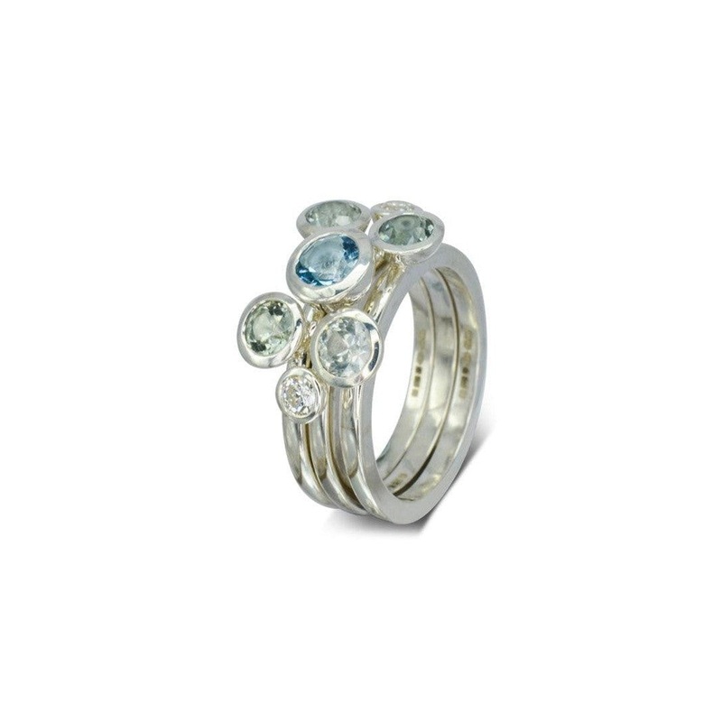 Aquamarine and Diamond Platinum Stacking Ring Set