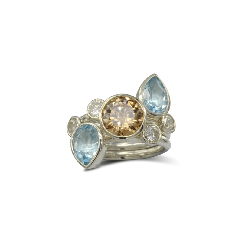 Aquamarine, Diamond and Citrine Stacking Ring Set