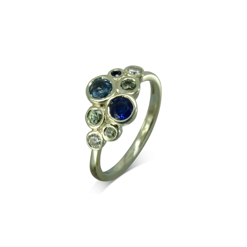 Bubbles Teal and Blue Sapphire Diamond Cluster Ring