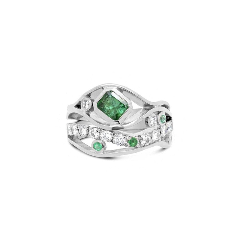 Wave Emerald Platinum Pav Diamond Ring
