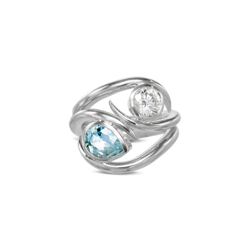 Spiky Aquamarine and Diamond Stacking Ring Set