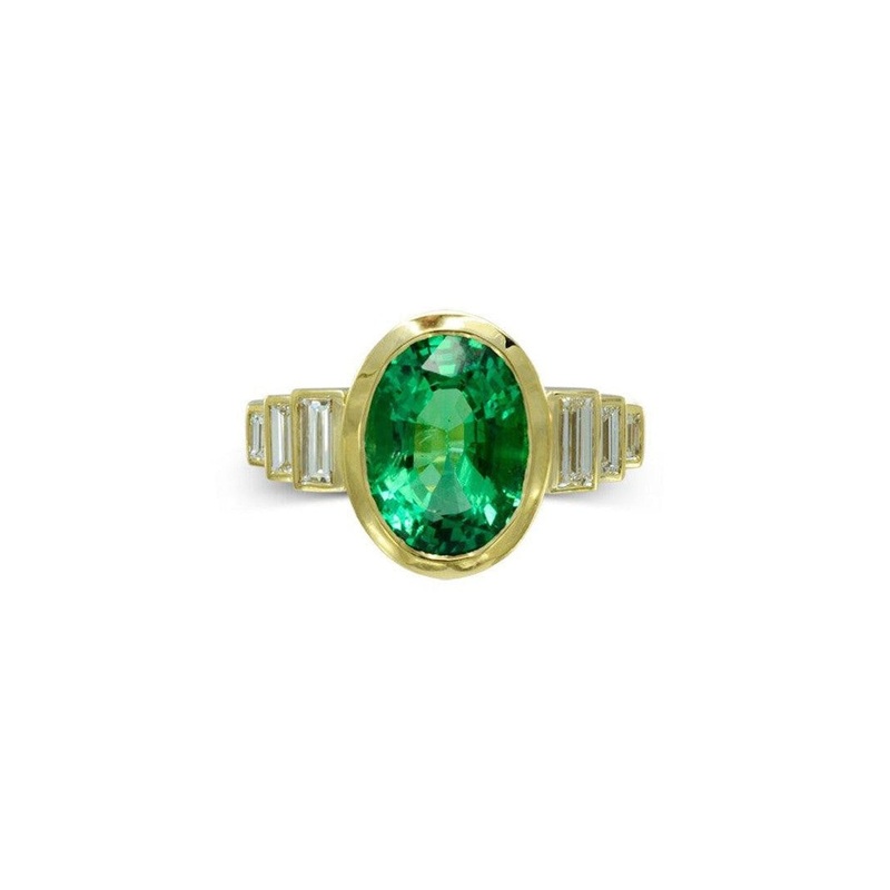 Art Deco Yellow Gold Oval Emerald Dress Ring