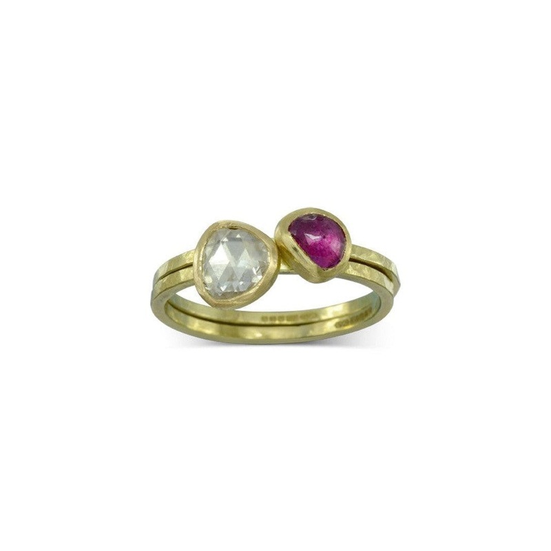 Rough Hammered Rose Cut Diamond and Ruby Stacking Ring Set