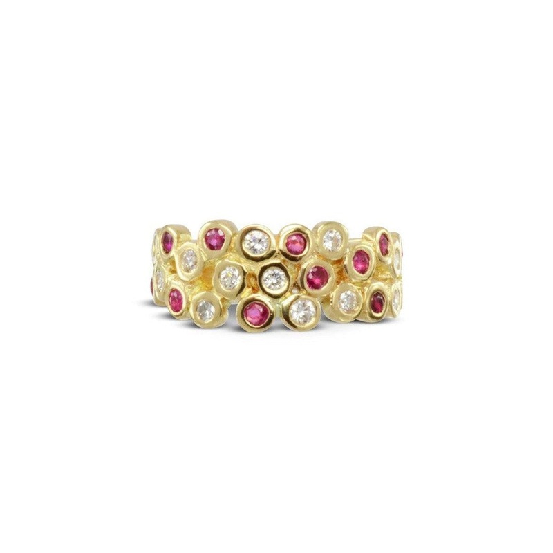 Water Bubbles Ruby and Diamond Yellow Gold Eternity Ring