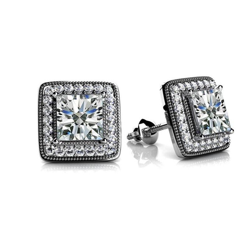Milgrain Princess Cut Lab-Grown Diamond Stud Earrings with 0.52 ct. (2X0.15 ct. center diamonds)