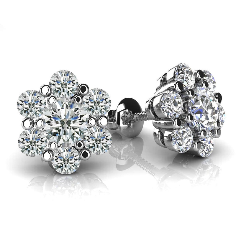 Flower Shaped Diamond Cluster Lab-Grown Diamond Stud Earrings with 1.46 ct.(finished) 2.75mm, 4.0mm