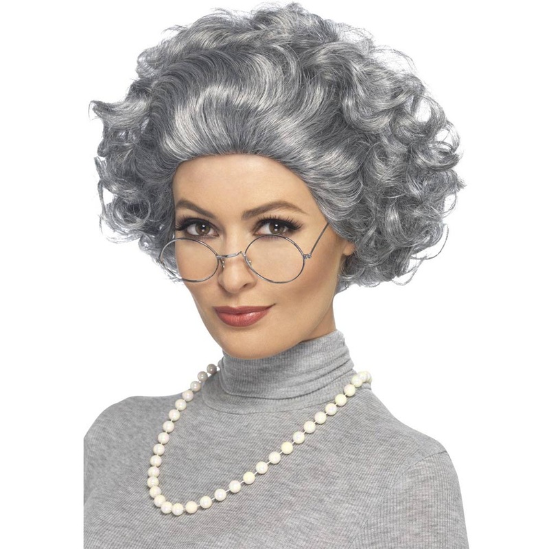 Granny Short Curly Grey Wig Necklace and Glasses Kit