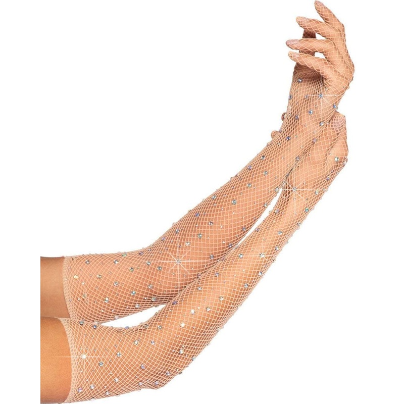 Nude Rhinestone Fishnet Opera Length Gloves