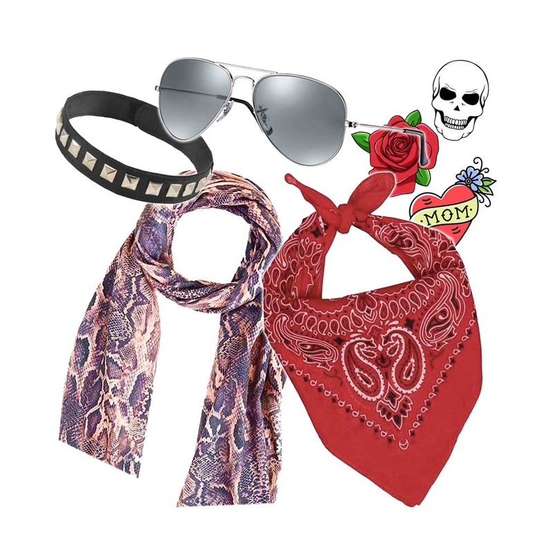 80s Punk Rocker Choker Glasses Scarf Bandana and Tattoos Set