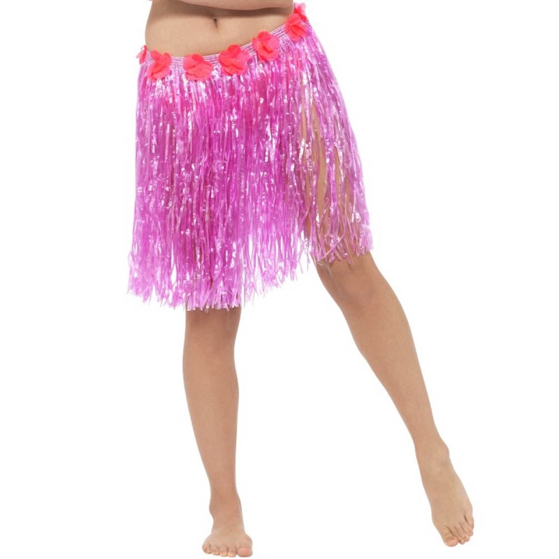 Neon Pink Hawaiian Hula Skirt with Flowers