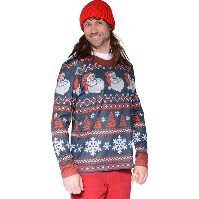 Santa Stripe Christmas Sweater Mens Faux Real Tee