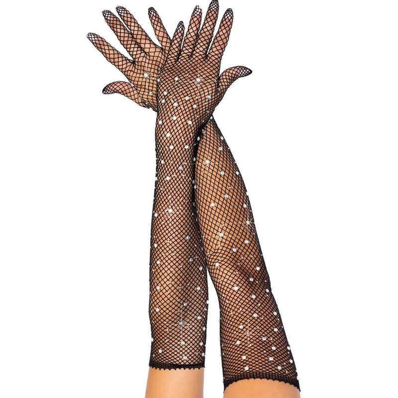 Black Rhinestone Fishnet Opera Length Gloves