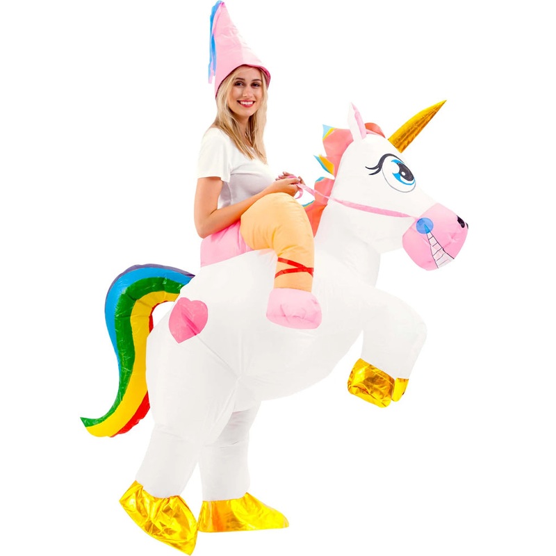 Riding A White Unicorn Inflatable Adult Costume