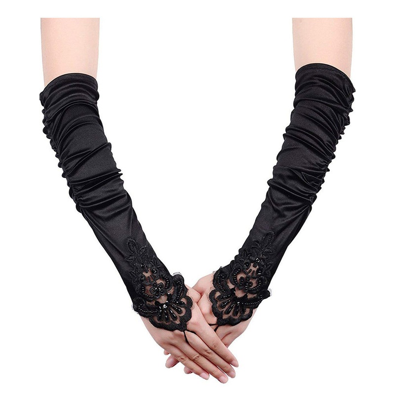 20s Black Long Satin Fingerless Gloves with Lace