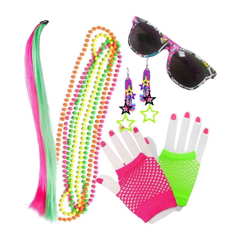 80s Necklace Glasses Earrings Gloves and Hair Clip Set