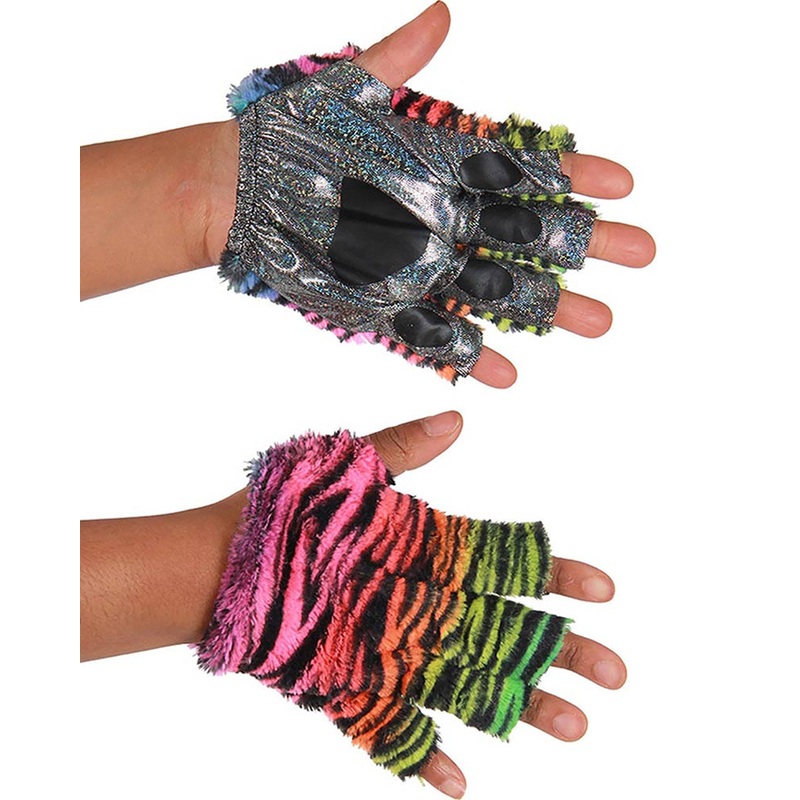 Neon Rainbow Tiger Fingerless Paw Kids Gloves