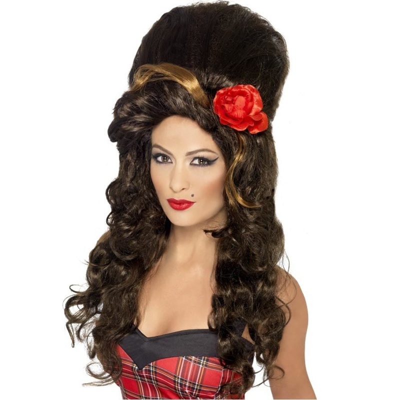 Amy Winehouse Beehive Long Curly Brown Wig