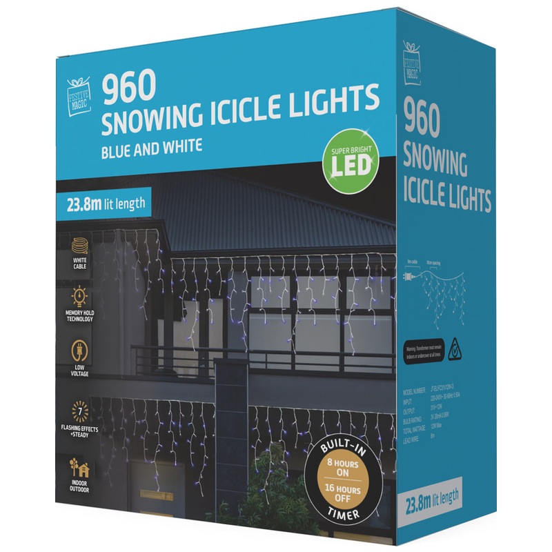 Timer Blue and White 960 Piece Snowing Icicle Lights 23.8m
