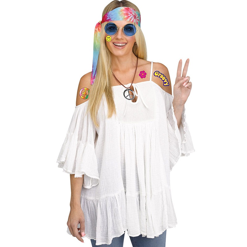 60s Hippie Decades Headband Glasses Tattoos and Necklace Set