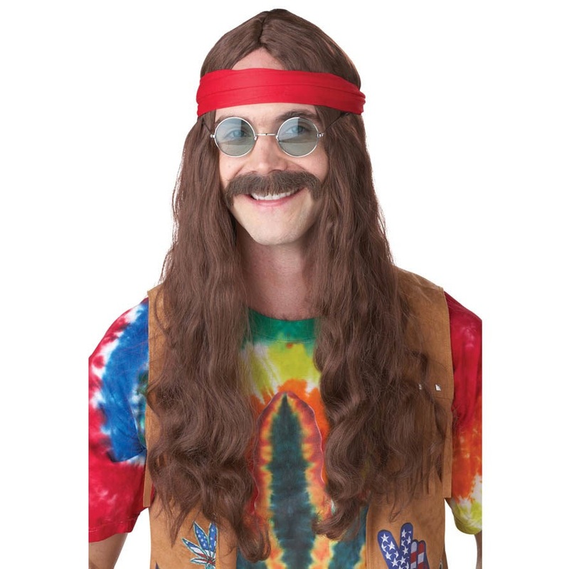 60s Hippie Man Long Brown Wig and Moustache