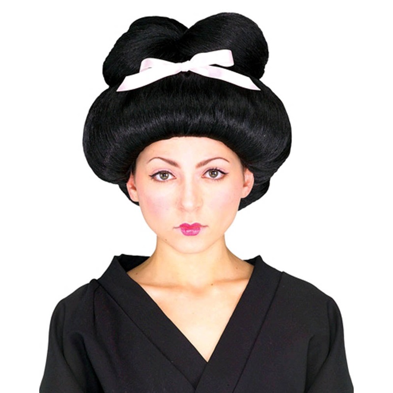 Geisha Girl Black Wig with Pale Pink Bow