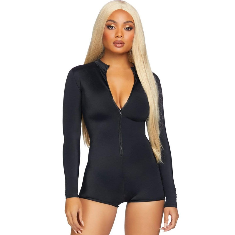 Black Zipper Front Long Sleeved Romper