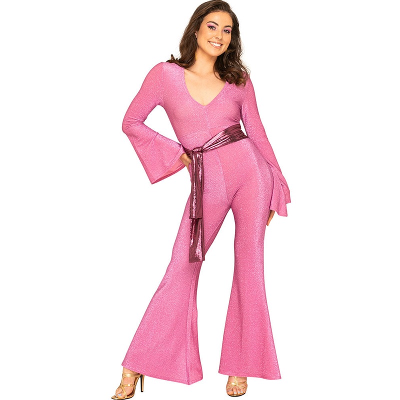 Night Fever Pink Sparkle 70s Womens Jumpsuit