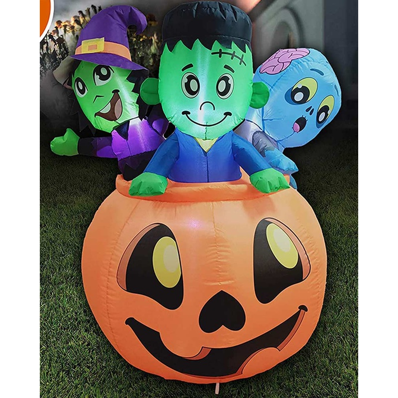 Three Characters on Pumpkin Lawn Inflatable 1.5m
