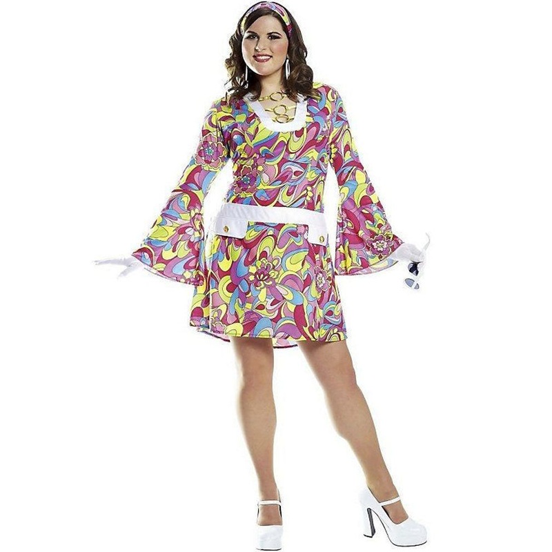 60s Groovy Chick Colourful Womens Plus Size Costume