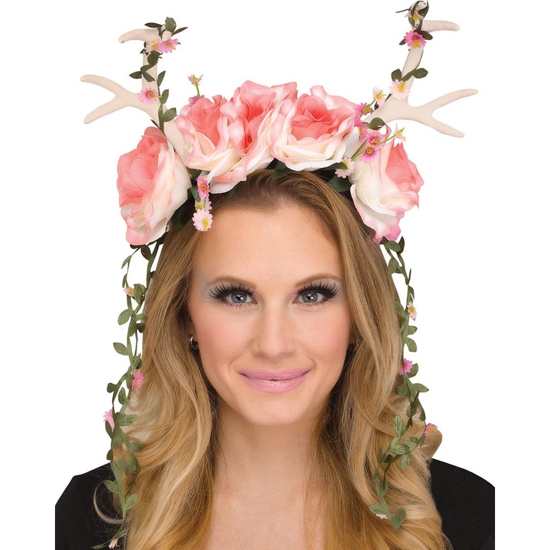 Faun Fantasy Headpiece with Pink Roses and White Antlers