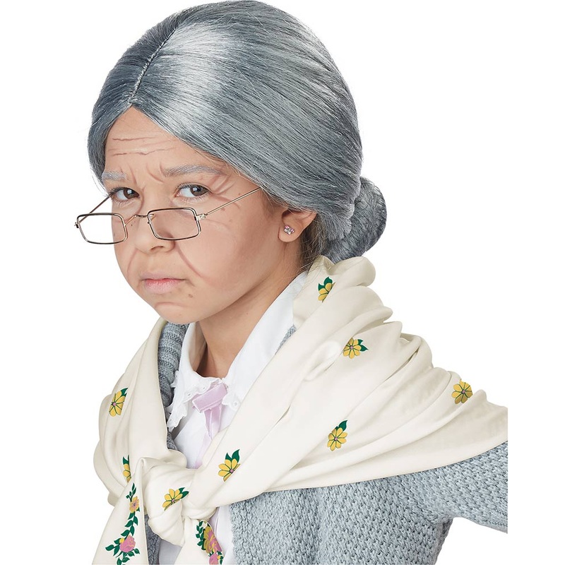 Grandma Babushka Kids Wig Glasses and Shawl Set