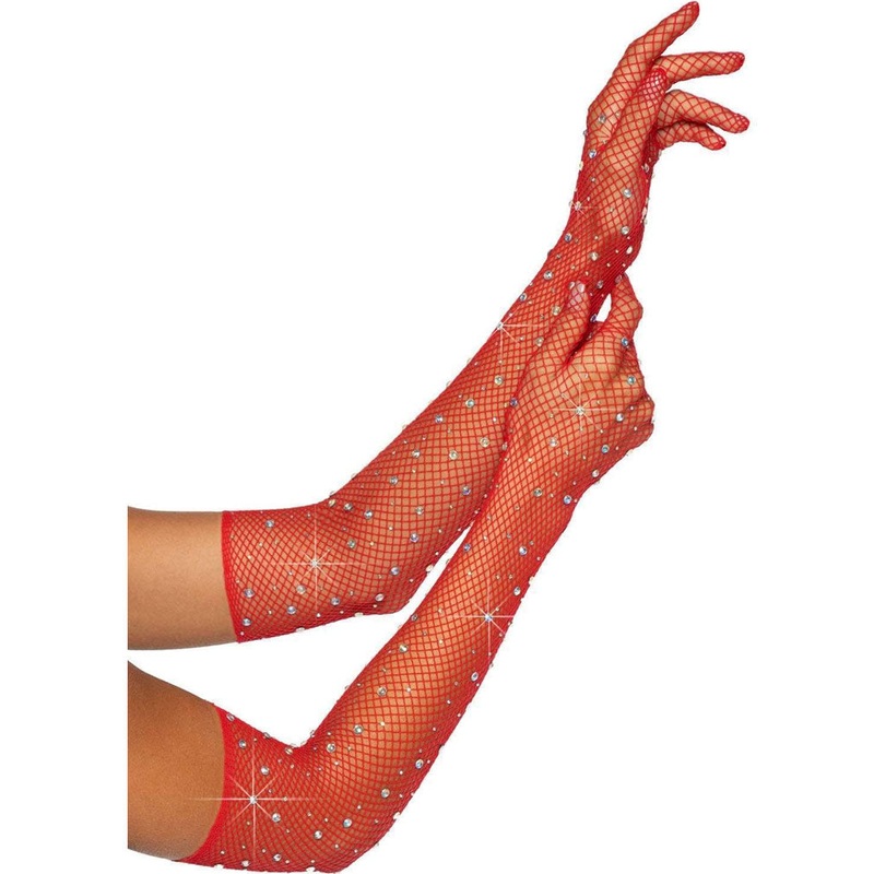 Red Rhinestone Fishnet Opera Length Gloves
