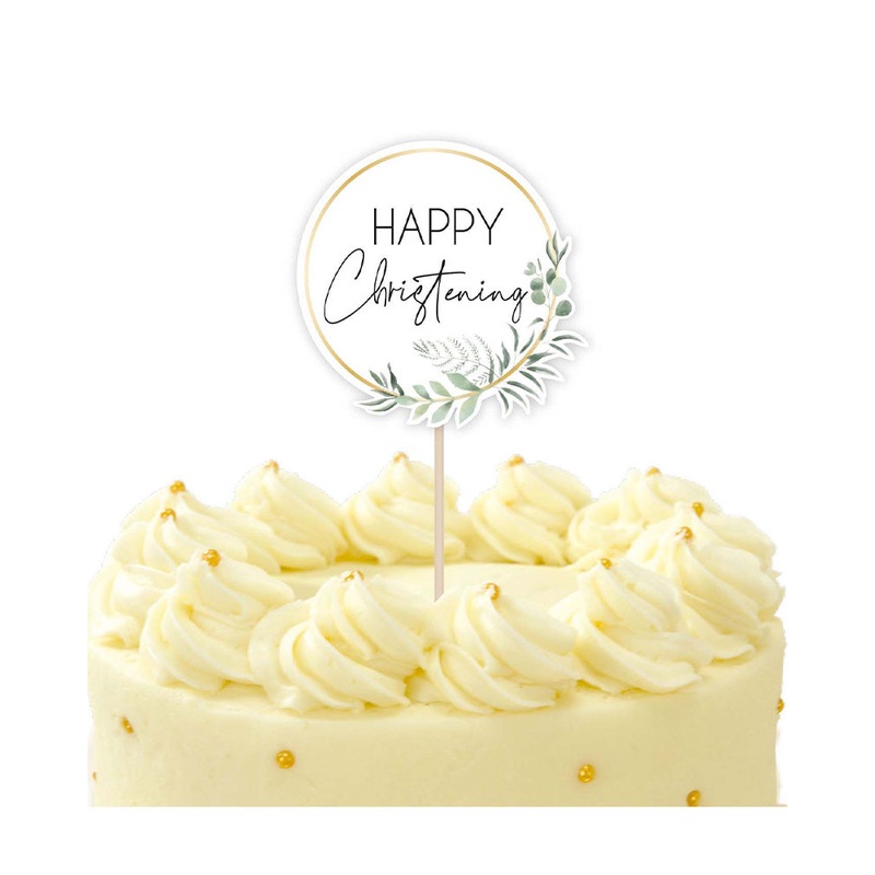 Botanical Celebration Happy Christening Cake Topper Pick 11cm