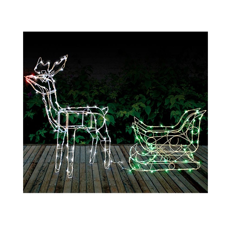 Christmas White Red and Green Reindeer Sleigh Solar Light 1.4m
