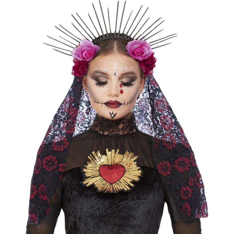 Deluxe Sunburst Day of the Dead Headband with Veil