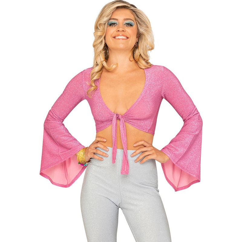 Shake It Pink Sparkle 70s Womens Tie Front Shirt