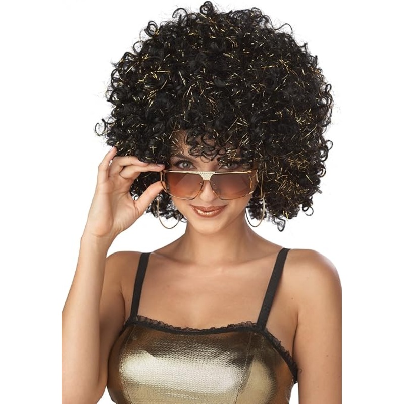 70s Disco Glitter Curly Black and Gold Wig