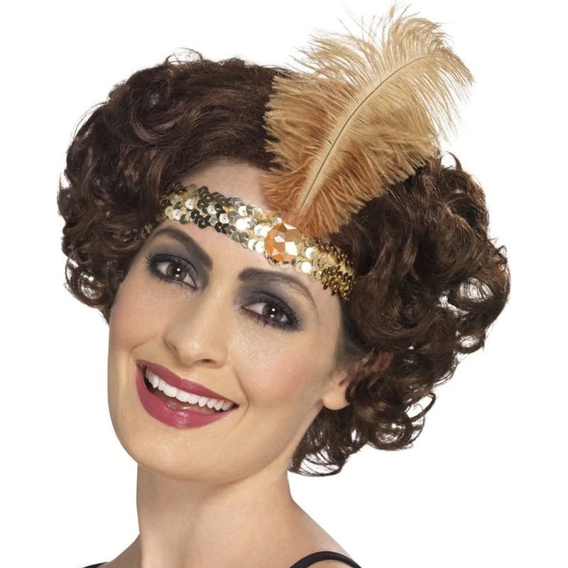 Gold 1920s Flapper Headband with Feather