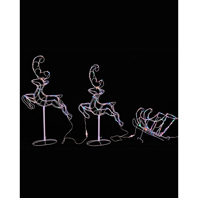 Multi-Coloured Leaping Reindeers With Sleigh Solar Christmas LED Light 3m