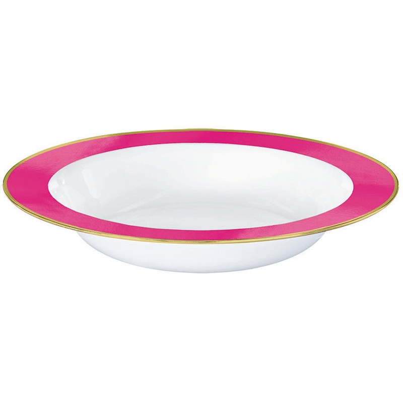 Premium Plastic Bowls 354ml White with Bright Pink Border Pack of 10