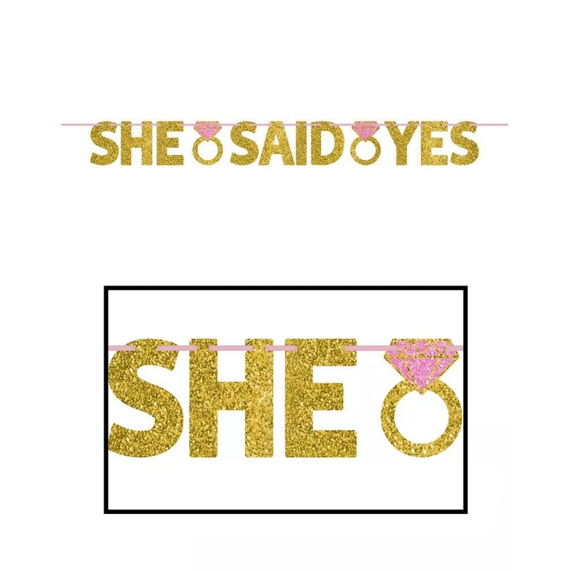 She Said Yes Glittered Cardboard Gold & Pink Ribbon Banner