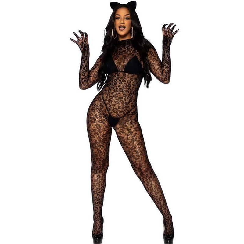 Seamless Leopard Net Gloved Catsuit