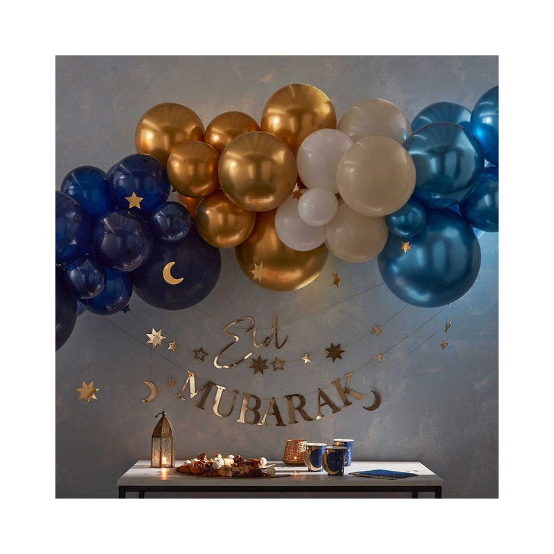 Eid Balloon Garland Mixed Chromes with Hanging Moons & Stars Navy, Gold & White