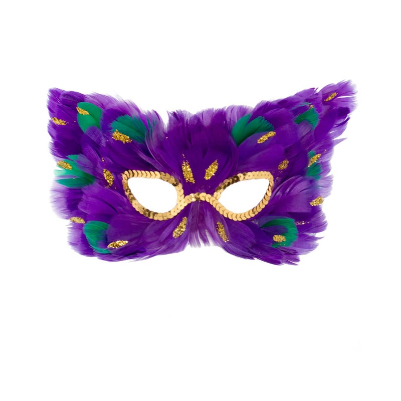 Purple Feather Masquerade Mask with Gold Glitter