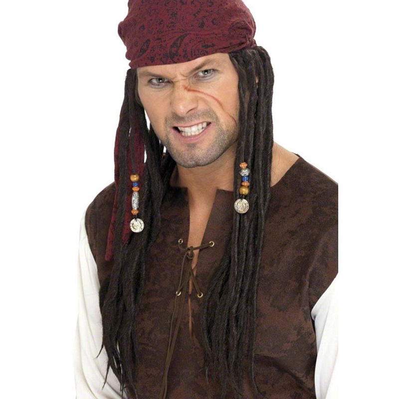 Pirate Long Brown Wig with Scarf and Beads