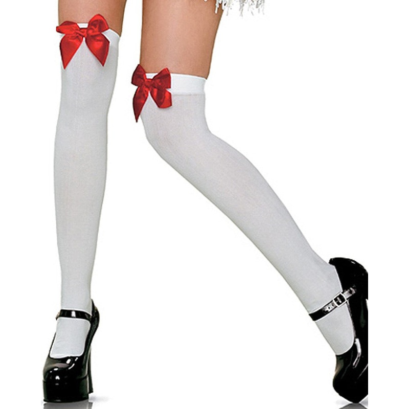 White Opaque Thigh High Stockings with Red Satin Bow