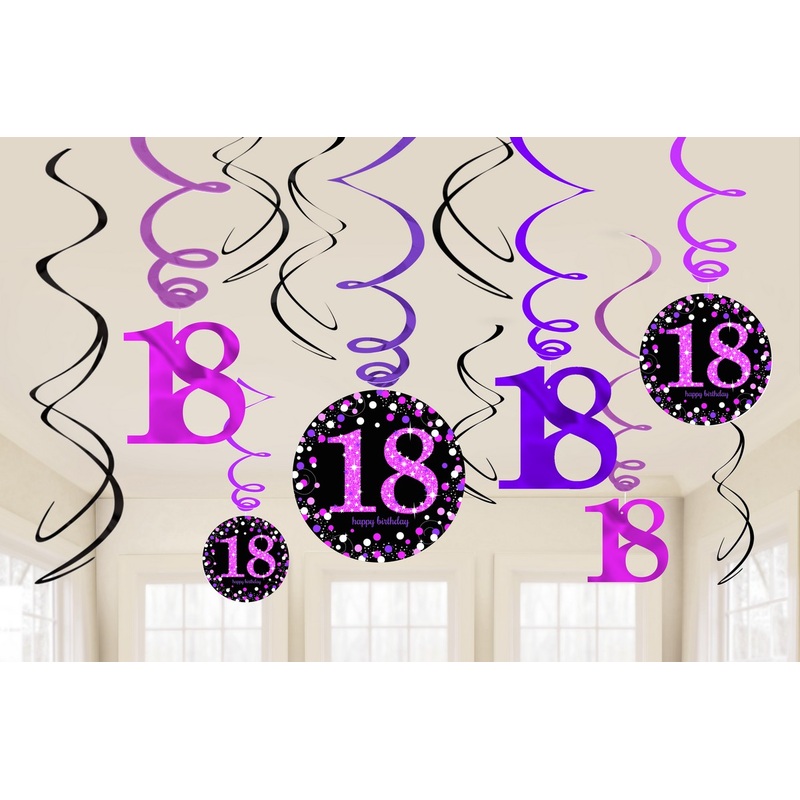 Pink Celebration 18th Hanging Swirl Decorations Pack of 12